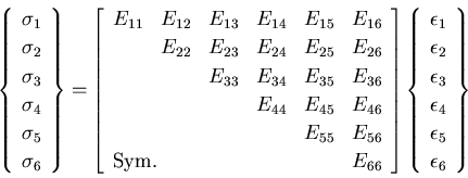 \begin{displaymath}
\left\{
\begin{array}{l}
\sigma_1 \\
\sigma_2 \\
\sigma_3 ...
...
\epsilon_4 \\
\epsilon_5 \\
\epsilon_6
\end{array}\right\}
\end{displaymath}