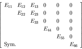 \begin{displaymath}
\left[
\begin{array}{llllll}
E_{11} & E_{12} & E_{13} & 0 & ...
...column{2}{l}{{\rm Sym.}} & & & & E_{66} \\
\end{array}\right]
\end{displaymath}