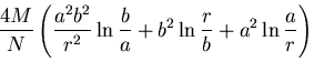 $\displaystyle \frac{4M}{N}\left(\frac{a^2b^2}{r^2} \ln \frac{b}{a}
+b^2 \ln \frac{r}{b}+a^2 \ln \frac{a}{r}\right)$