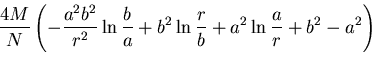 $\displaystyle \frac{4M}{N}\left(-\frac{a^2b^2}{r^2} \ln \frac{b}{a}
+b^2 \ln \frac{r}{b}+a^2 \ln \frac{a}{r}+b^2-a^2\right)$
