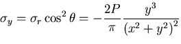 $\displaystyle \sigma_y=\sigma_r\cos^2\theta=-\frac{2P}{\pi}\frac{y^3}{{(x^2+y^2)}^2}$