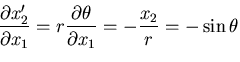 $\displaystyle \frac{\partial x^\prime_2}{\partial x_1}
= r\frac{\partial \theta}{\partial x_1}
= -\frac{x_2}{r} =
-\sin\theta$