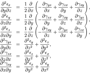 \begin{displaymath}
\begin{array}{rcl}
\displaystyle\frac{\partial^2\epsilon_x}{...
...splaystyle\frac{\partial^2\epsilon_y}{\partial x^2}
\end{array}\end{displaymath}
